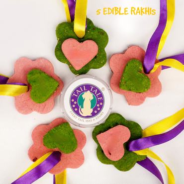 5 pcs of edible rakhis 

gifts for your dog on raksha bandhan 
all natural ingredient treats 
Edible rakhi for dogs vegan

Gluten-free dog treats

Natural color rakhi for pets

India’s first rakhi for dogs

Pet-safe rakhi gifts

Dog rakhi gift box