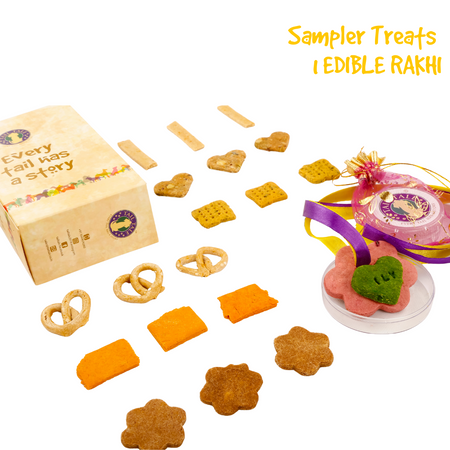 Starter rakhi box for dogs with sampler treats and edible rakhi

Tailtale Puppy Love rakhi combo with all-natural treats

Small rakhi gift box for puppies with edible rakhi

Raksha Bandhan gift for dogs – sampler box and rakhi


